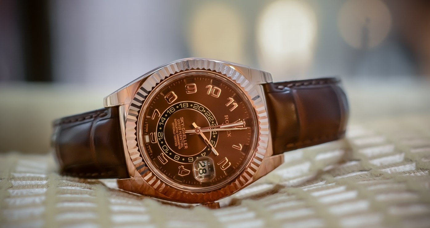 Swiss fake Rolex Sky-Dweller 328135 with chocolate dial